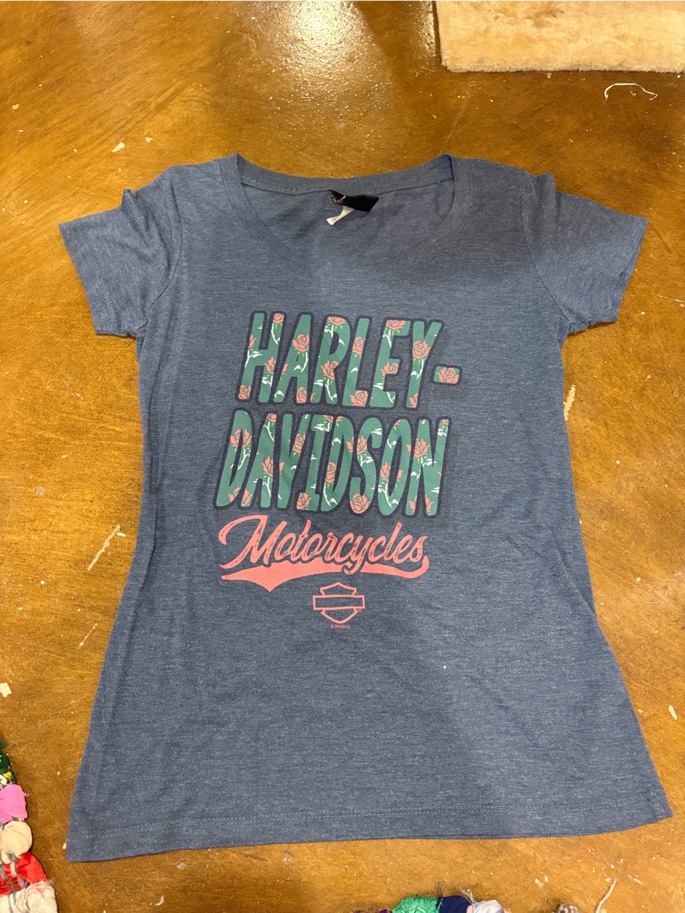 Harley-Davidson Blue Tee with Green Floral Lettering and Pink Script
